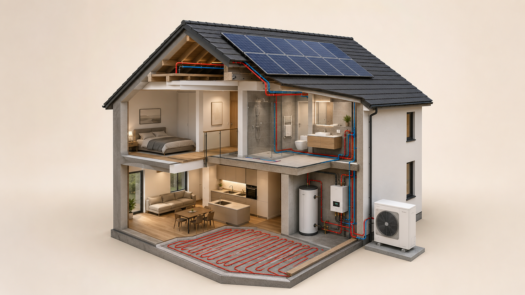 Isometrische Querschnitts-Ansicht eines Einfamilienhauses mit Wärmepumpe an der Außenwand, Fußbodenheizung, Bad und Solaranlage auf dem Dach.